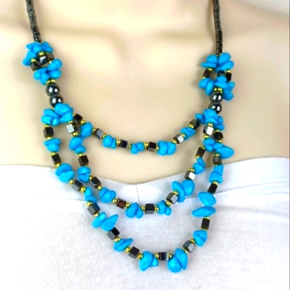 Beachy Boho Black Gold & Turquoise Blue Very Glass/Stone Like Beaded 3 Layer Ne…